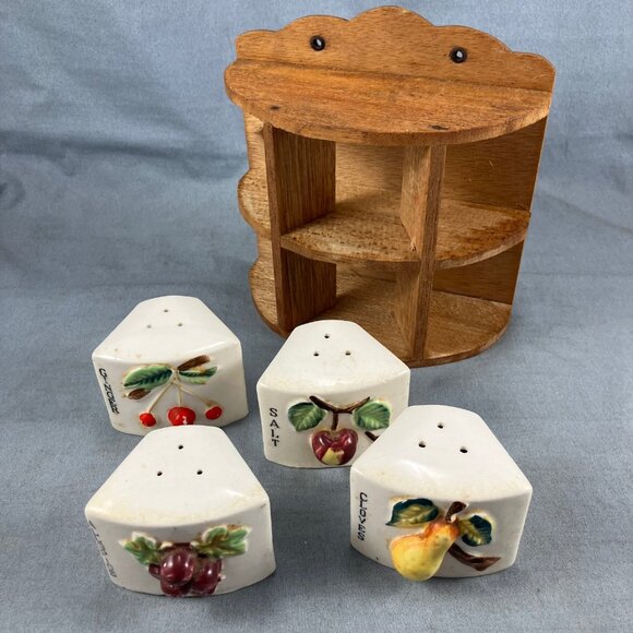 Antique Curved Spice Rack Made in Japan Ceramic & Wood Wall Mounted Compartment - Picture 2 of 5